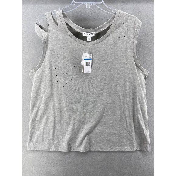 NWT Frayed T-Shirt Womens XL Gray Sleeveless Distressed COLD SHOULDER DISTRESSED - Picture 1 of 13